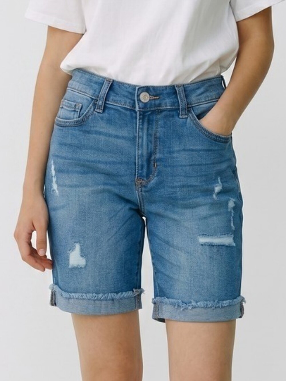 #218 Jordache Medium Blue Distressed Rolled-Hem Denim Shorts